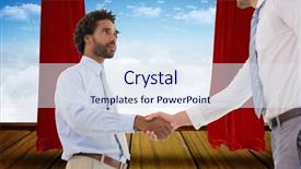  Presentation with stage curtains - Beautiful slides featuring young businessmen shaking hands in office against stage with red curtains backdrop and a sky blue colored foreground
