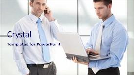  Presentation with lobby - PPT theme featuring young businessmen standing in office lobby one on phone the other working on laptop background and a sky blue colored foreground