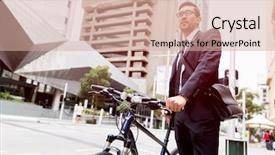  Presentation with bike - PPT layouts enhanced with young businessmen with a bike background and a soft green colored foreground