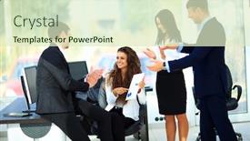  Presentation with female - PPT theme enhanced with young-businesspeople-clapping-for-female background and a soft green colored foreground