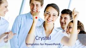  Presentation with success - Amazing PPT theme having young businesspeople congratulating colleague success backdrop and a sky blue colored foreground