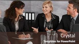  Presentation with meeting table - PPT theme consisting of young businesspeople having a meeting at table in office discussing work smiling background and a tawny brown colored foreground