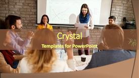  Presentation with meeting - PPT theme featuring young businesspeople on business meeting background and a  colored foreground