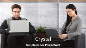  Presentation with lobby - Slide deck featuring young businesspeople sitting in office lobby working on laptop background and a dark gray colored foreground