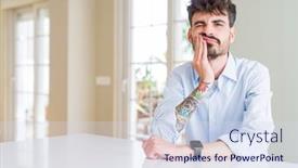  Presentation with illness - Audience pleasing presentation theme consisting of young businesss man sitting on white table touching mouth with hand with painful expression because of toothache or dental illness on teeth dentist concept backdrop and a sky blue colored foreground