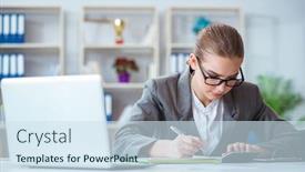  Presentation with accountant - Colorful PPT theme enhanced with young businesswoman accountant working in the office backdrop and a sky blue colored foreground