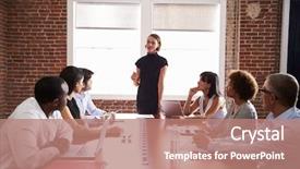  Presentation with meeting - Beautiful PPT theme featuring young businesswoman addressing boardroom meeting backdrop and a coral colored foreground