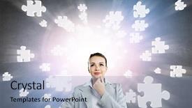  Presentation with 3d man puzzle assembling - Beautiful slide set featuring young businesswoman and many puzzle backdrop and a light blue colored foreground
