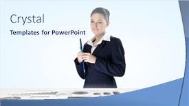  Presentation with statistics - Audience pleasing PPT theme consisting of young businesswoman and statistics information on table backdrop and a sky blue colored foreground