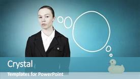  Presentation with rubber duck - Slide deck with young businesswoman and yellow rubber duck toy on table background and a teal colored foreground