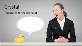  Presentation with rubber duck - Slide set with young businesswoman and yellow rubber duck toy on table background and a light gray colored foreground