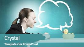  Presentation with rubber duck - Audience pleasing PPT theme consisting of young businesswoman and yellow rubber duck toy on table backdrop and a teal colored foreground