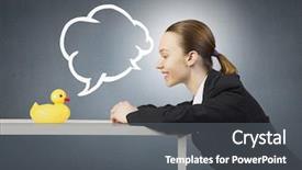  Presentation with rubber duck - Beautiful slide deck featuring young businesswoman and yellow rubber duck toy on table backdrop and a dark gray colored foreground