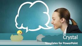  Presentation with rubber duck - Audience pleasing PPT theme consisting of young businesswoman and yellow rubber duck toy on table backdrop and a teal colored foreground