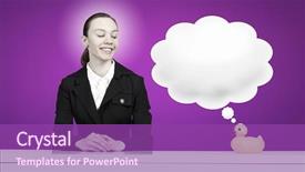  Presentation with rubber duck - Slide deck consisting of young businesswoman and yellow rubber duck toy on table background and a violet colored foreground