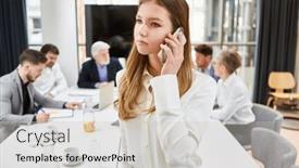  Presentation with phone meeting - Presentation featuring young-businesswoman-as-a-trainee background and a soft green colored foreground