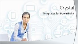  Presentation with cloud computing - Amazing presentation design having young businesswoman at desk with laptop and cloud computing concept on background backdrop and a white colored foreground