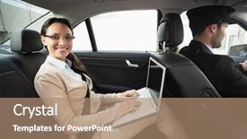  Presentation with young students working in groups - Presentation theme featuring young businesswoman being chauffeured while background and a coral colored foreground