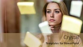  Presentation with glass - Slide deck enhanced with young-businesswoman-brainstorming-with-notes background and a coral colored foreground