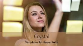  Presentation with glass - PPT theme enhanced with young-businesswoman-brainstorming-with-notes background and a coral colored foreground