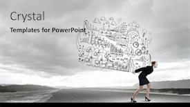  Presentation with business plan - Presentation design featuring young businesswoman carrying her great business plan on back background and a light gray colored foreground