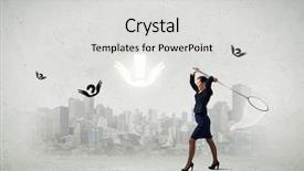  Presentation with flying - PPT layouts having young businesswoman catching flying marks background and a light gray colored foreground