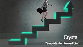  Presentation with climbing stairs - Beautiful slide deck featuring young businesswoman climbing career ladder backdrop and a dark gray colored foreground