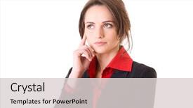  Presentation with decision making - Slide deck having young businesswoman considering or making decision studio shoot isolated on white background and a light gray colored foreground