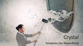  Presentation with shield - Beautiful slide set featuring young businesswoman crashing stone shield with hammer backdrop and a light gray colored foreground