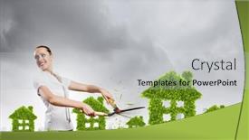  Presentation with plant ecology - Slide set featuring young businesswoman cutting plant shaped like house ecology concept background and a light gray colored foreground