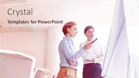  Presentation with whiteboard - PPT layouts having young businesswoman discussing with colleague over whiteboard in boardroom at office background and a lemonade colored foreground