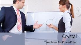  Presentation with office - Audience pleasing PPT theme consisting of young-businesswoman-drawing-graph backdrop and a light blue colored foreground