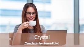  Presentation with company - Amazing PPT theme having young businesswoman drinking tea backdrop and a coral colored foreground