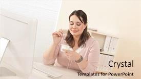  Presentation with yogurt - Theme with young businesswoman eating yogurt background and a lemonade colored foreground
