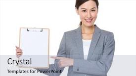  Presentation with finger point - Presentation theme featuring young businesswoman finger point to clipboard background and a light blue colored foreground