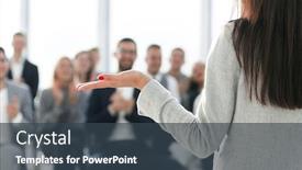  Presentation with team - Colorful presentation design enhanced with young-businesswoman-finishing-her-speech backdrop and a ocean colored foreground