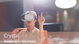  Presentation with experience - Presentation theme with young businesswoman getting experience using vr-headset glasses of virtual reality at late night startup office building background and a coral colored foreground