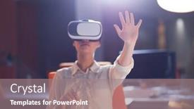  Presentation with experience - PPT theme consisting of young businesswoman getting experience using vr-headset glasses of virtual reality at late night startup office building background and a gray colored foreground