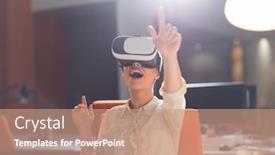  Presentation with experience - Cool new presentation with young businesswoman getting experience using vr-headset glasses of virtual reality at late night startup office building backdrop and a coral colored foreground