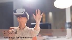  Presentation with experience - Beautiful presentation theme featuring young businesswoman getting experience using vr-headset glasses of virtual reality at late night startup office building backdrop and a coral colored foreground