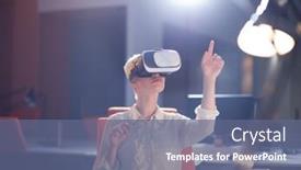  Presentation with experience - PPT theme having young businesswoman getting experience using vr-headset glasses of virtual reality at late night startup office building background and a ocean colored foreground