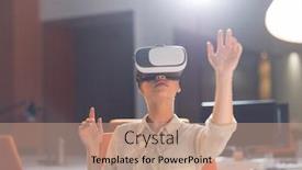  Presentation with experience - Amazing theme having young businesswoman getting experience using vr-headset glasses of virtual reality at late night startup office building backdrop and a coral colored foreground