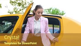  Presentation with taxi - PPT layouts having young businesswoman getting background and a tawny brown colored foreground