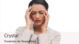  Presentation with headache - Slide set having young businesswoman having a headache on white background background and a lemonade colored foreground