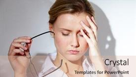  Presentation with headache - Slide set enhanced with young businesswoman having headache pain background and a lemonade colored foreground