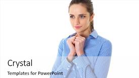  Presentation with decision - Slides having young businesswoman hold her hand together hard decision studio shoot isolated on white background and a white colored foreground