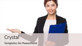  Presentation with hold hand - Colorful presentation theme enhanced with young businesswoman hold with clipboard and hand presentation backdrop and a lemonade colored foreground