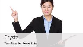  Presentation with finger point - Cool new slides with young businesswoman hold with clipboard and finger point up backdrop and a white colored foreground