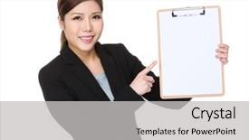  Presentation with holding hands old young - Slide set having young businesswoman hold with clipboard background and a light gray colored foreground