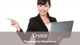  Presentation with finger point - PPT theme featuring young businesswoman hold with laptop computer and finger point aside background and a gray colored foreground